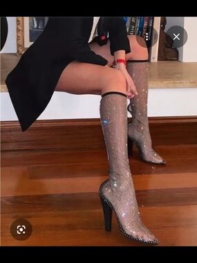 Yves Saint Laurent Crystal-Mesh Knee-High Stiletto Boots - Silver Size 42/11